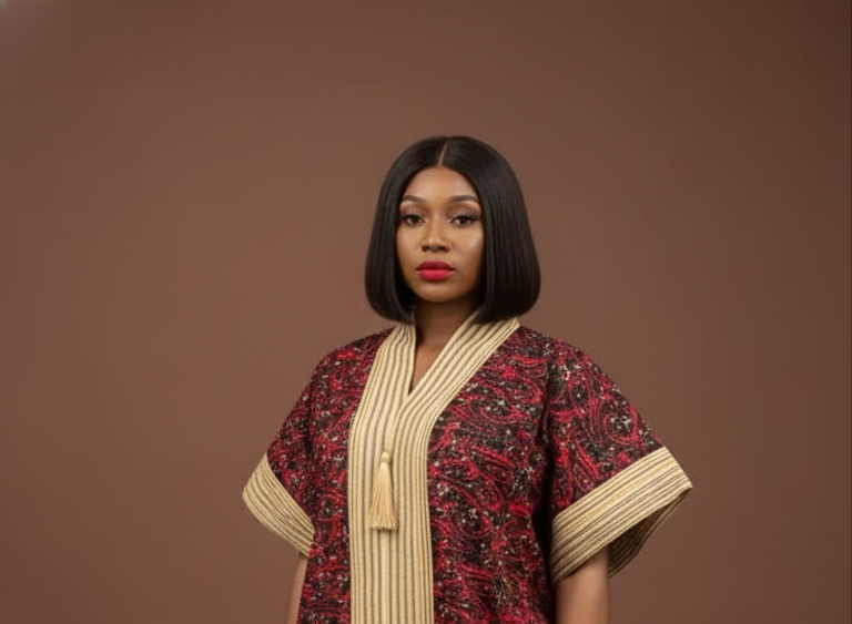 Woman wearing a long, patterned dress with a plain center on a brown background